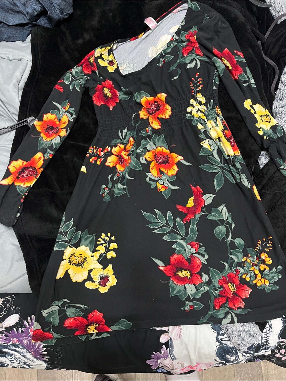 No Boundaries Black Floral Long-Sleeve Dress with Red and Yellow Blooms